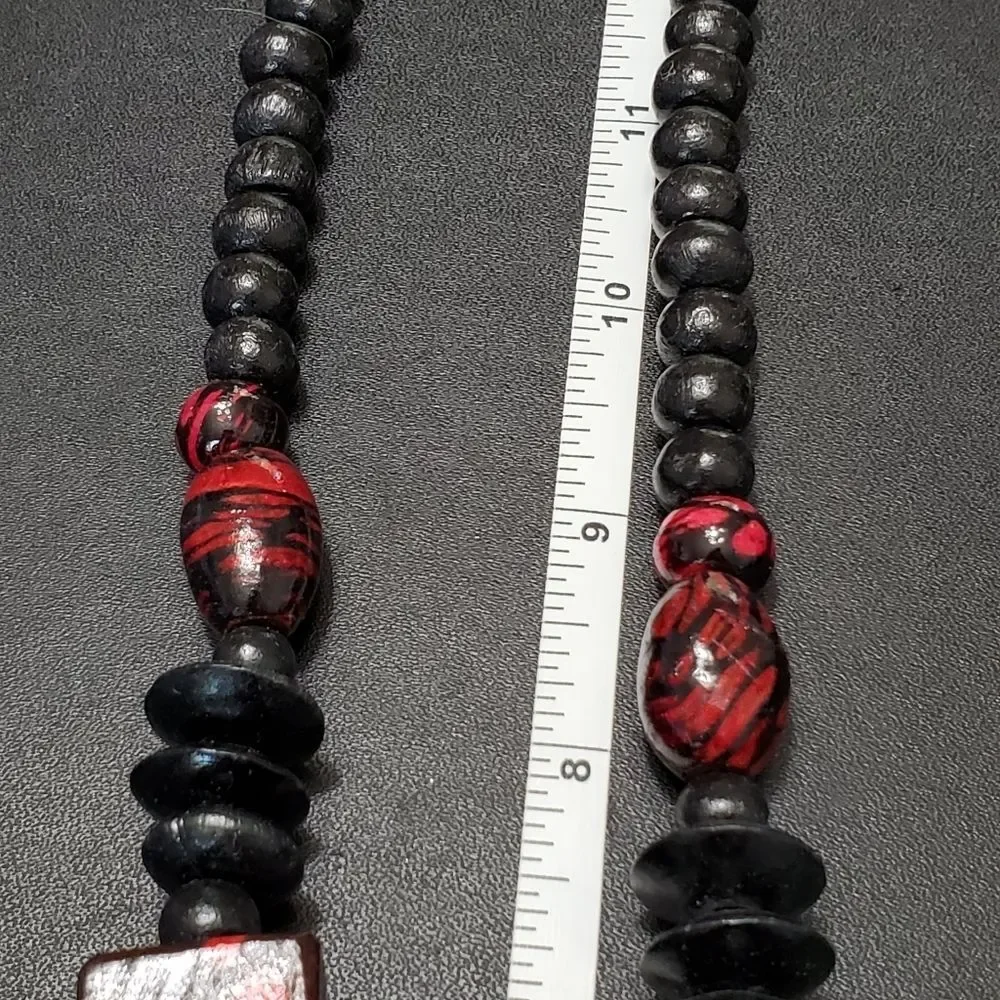 Red and black painted wood bead necklace 28